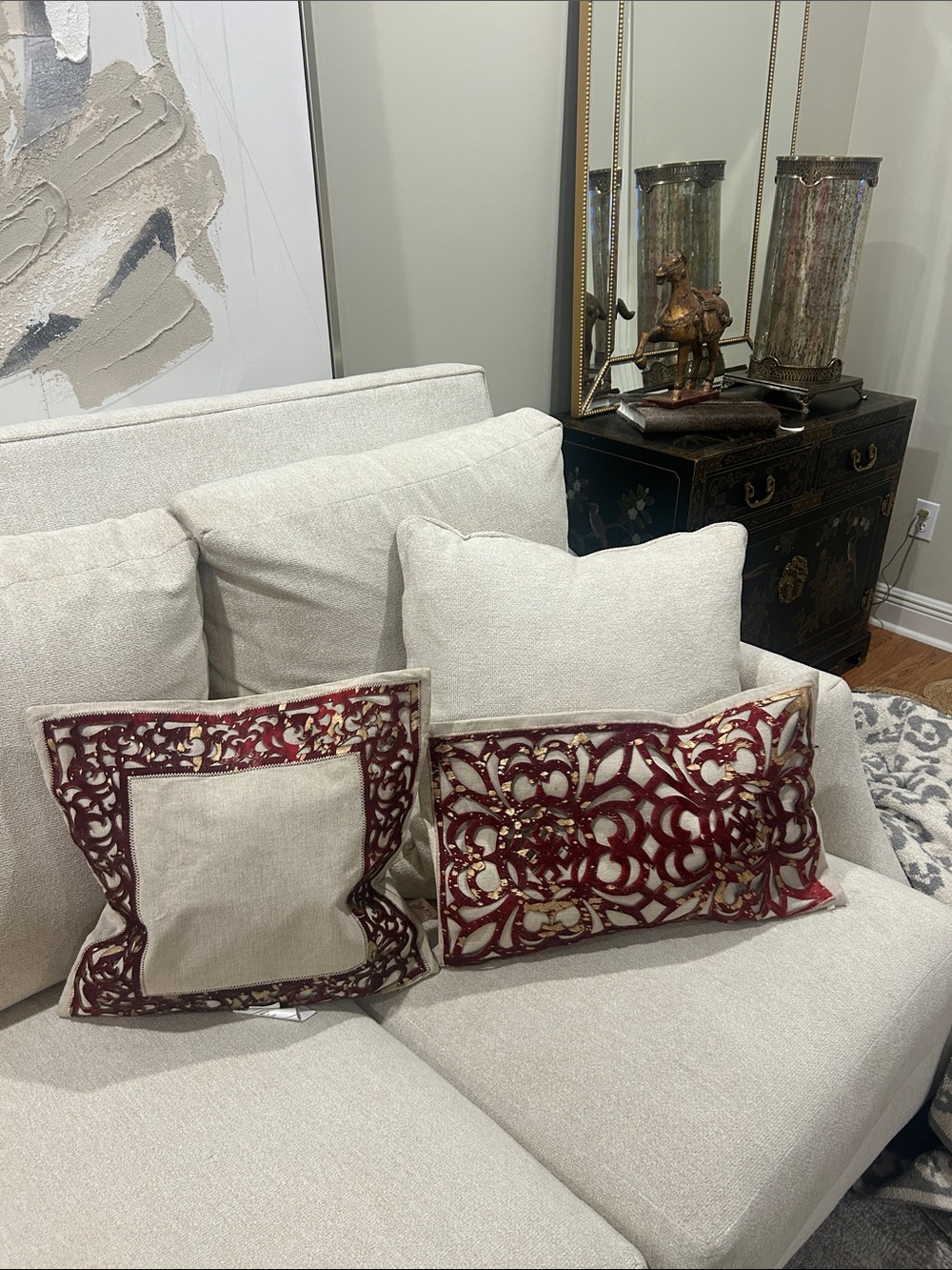 Decorative Cream Throw Pillows with Red Cutout Overlay - Set of 2